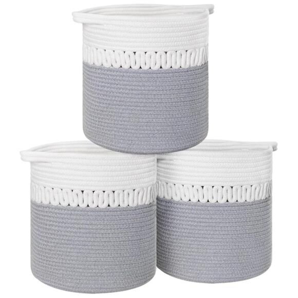 Set of 3 Woven Storage Cubes Cotton Bins Organizer Baskets Gray 11.8